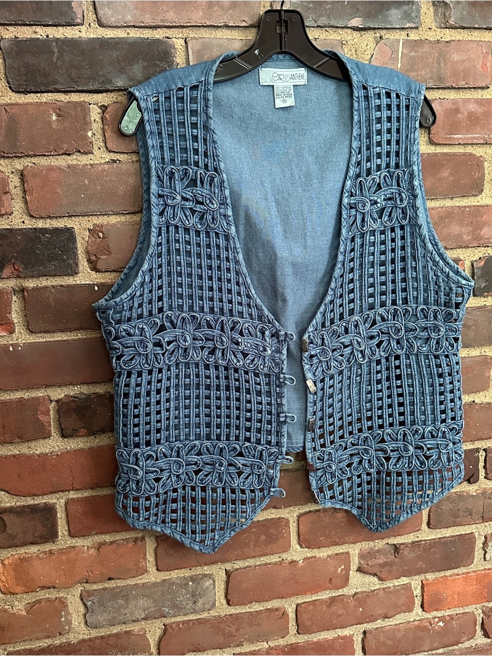 vtg CHRYSANTHEME lace weave denim cotton vest plus size 1X